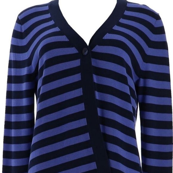 NWT ISAAC MIZRAHI SINGLE BUTTON STRIPED CARDIGAN SWEATER DARK NAVY LARGE - Picture 3 of 13